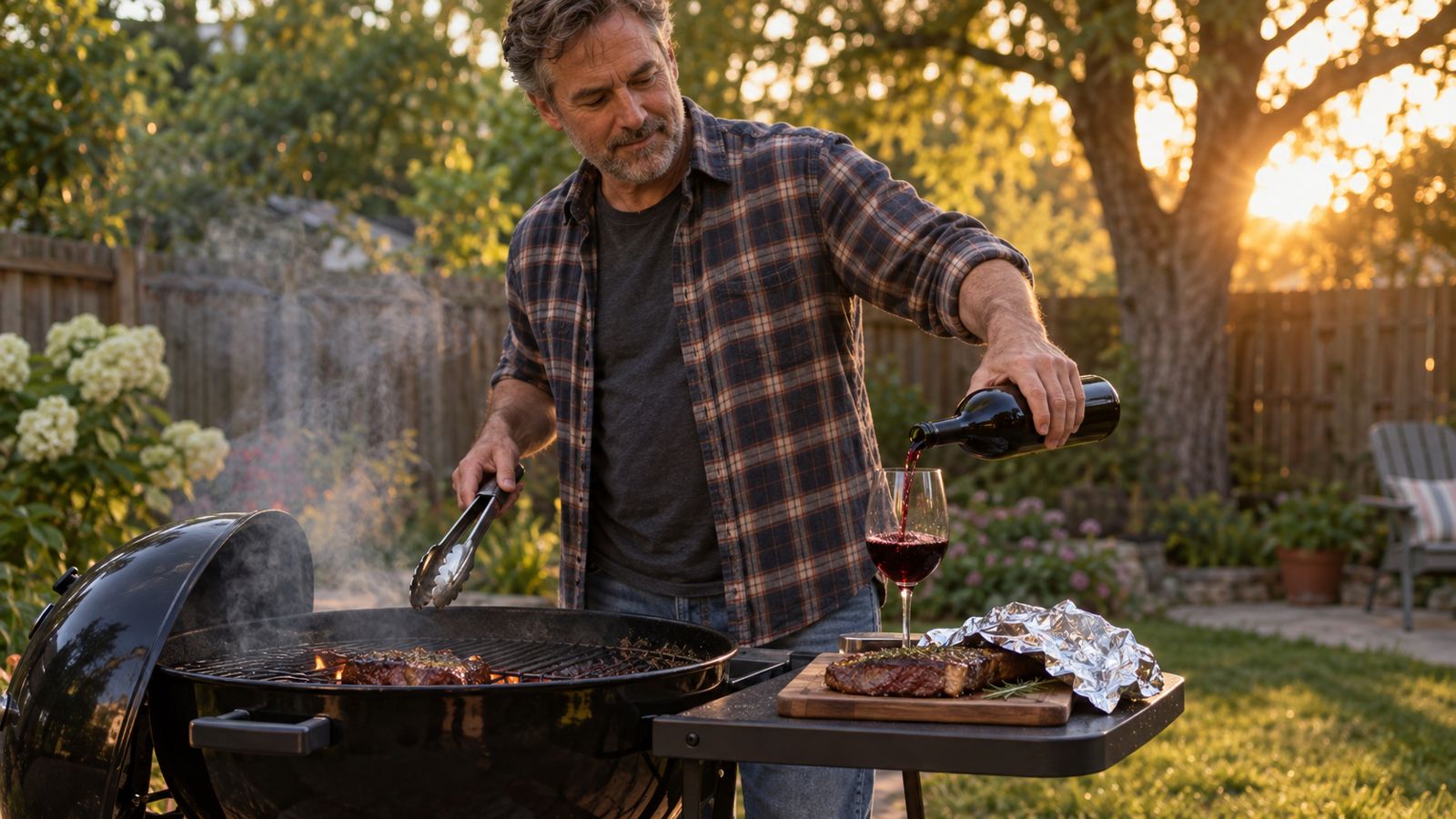 A man pouring red wine at a charcoal grill, a ribeye resting beside him