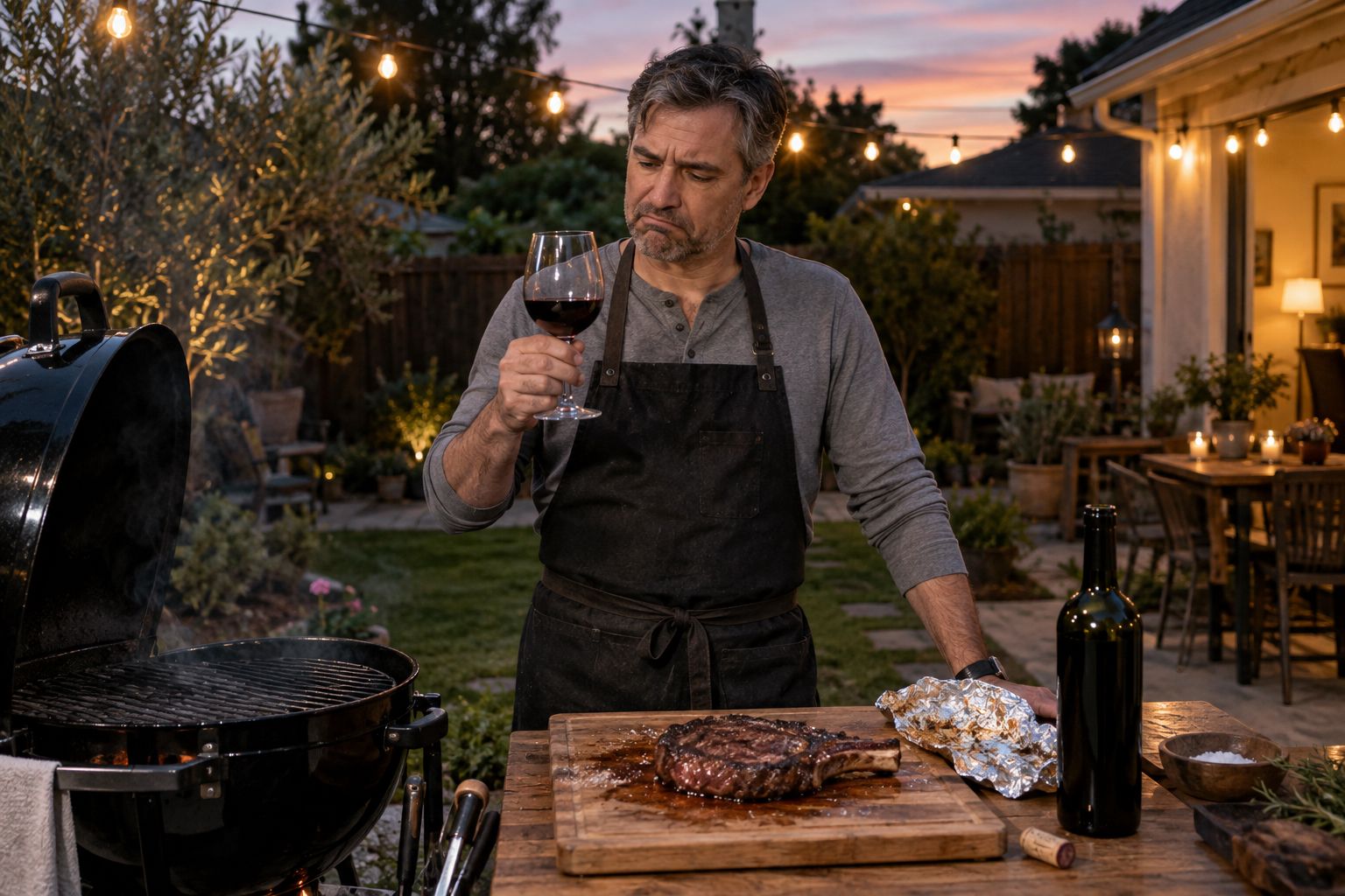 A man at the grill looking at his glass of red wine, unimpressed