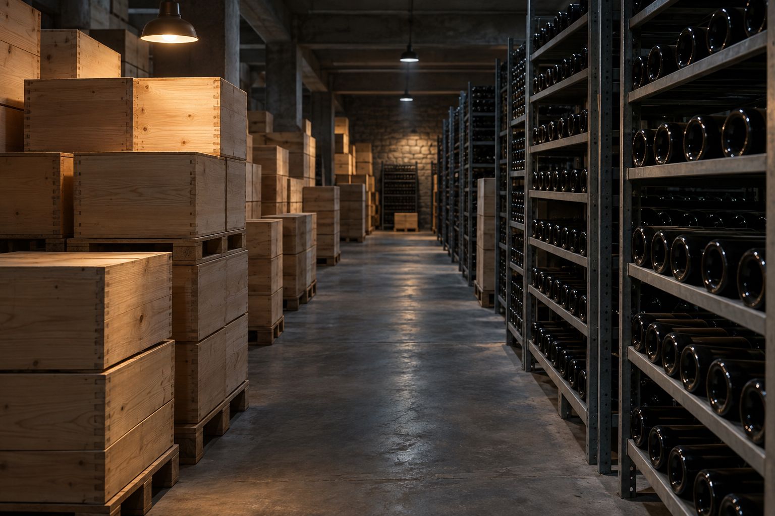 Stacked wine cases and racked bottles in a cool warehouse