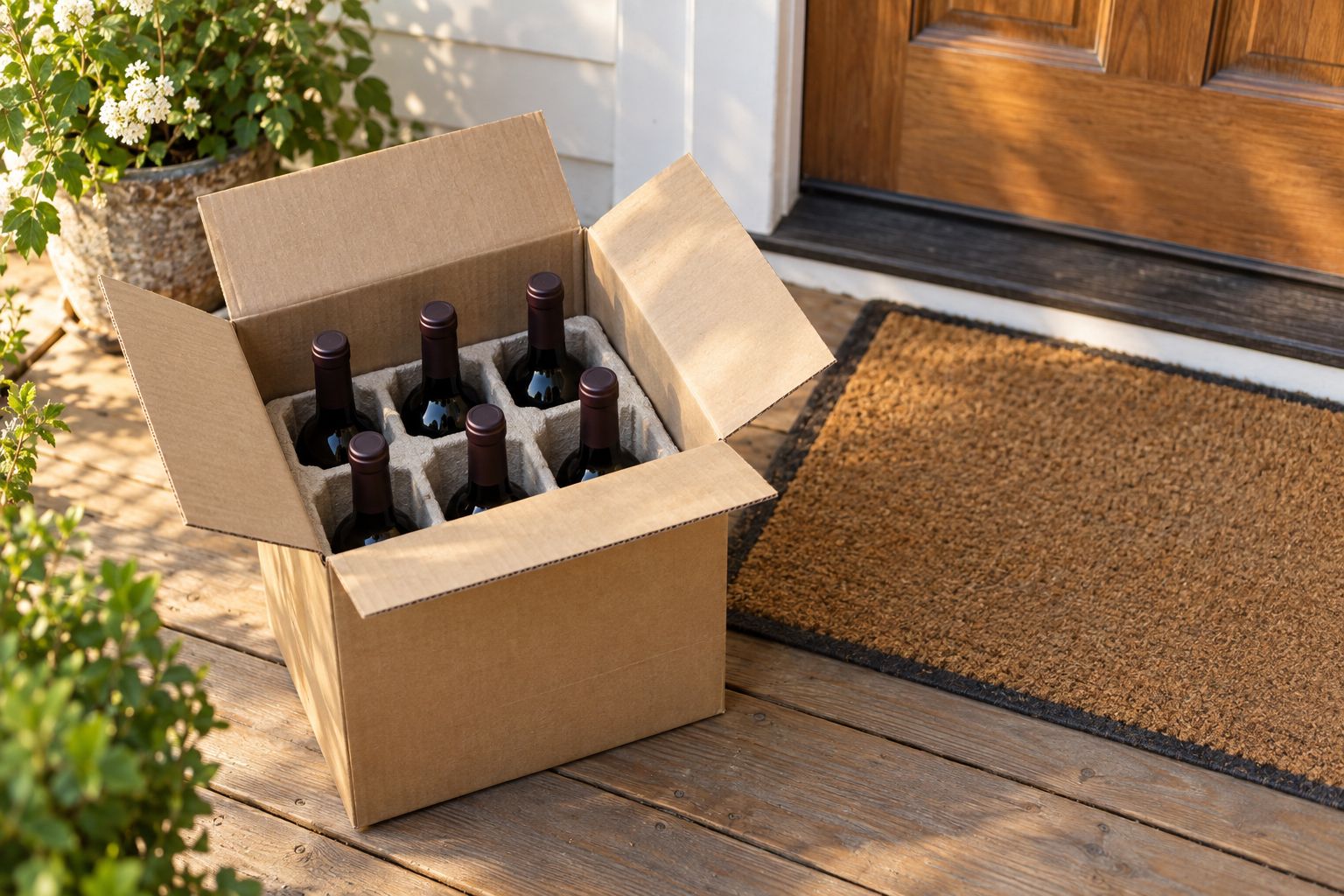 An opened wine shipping box on a front porch